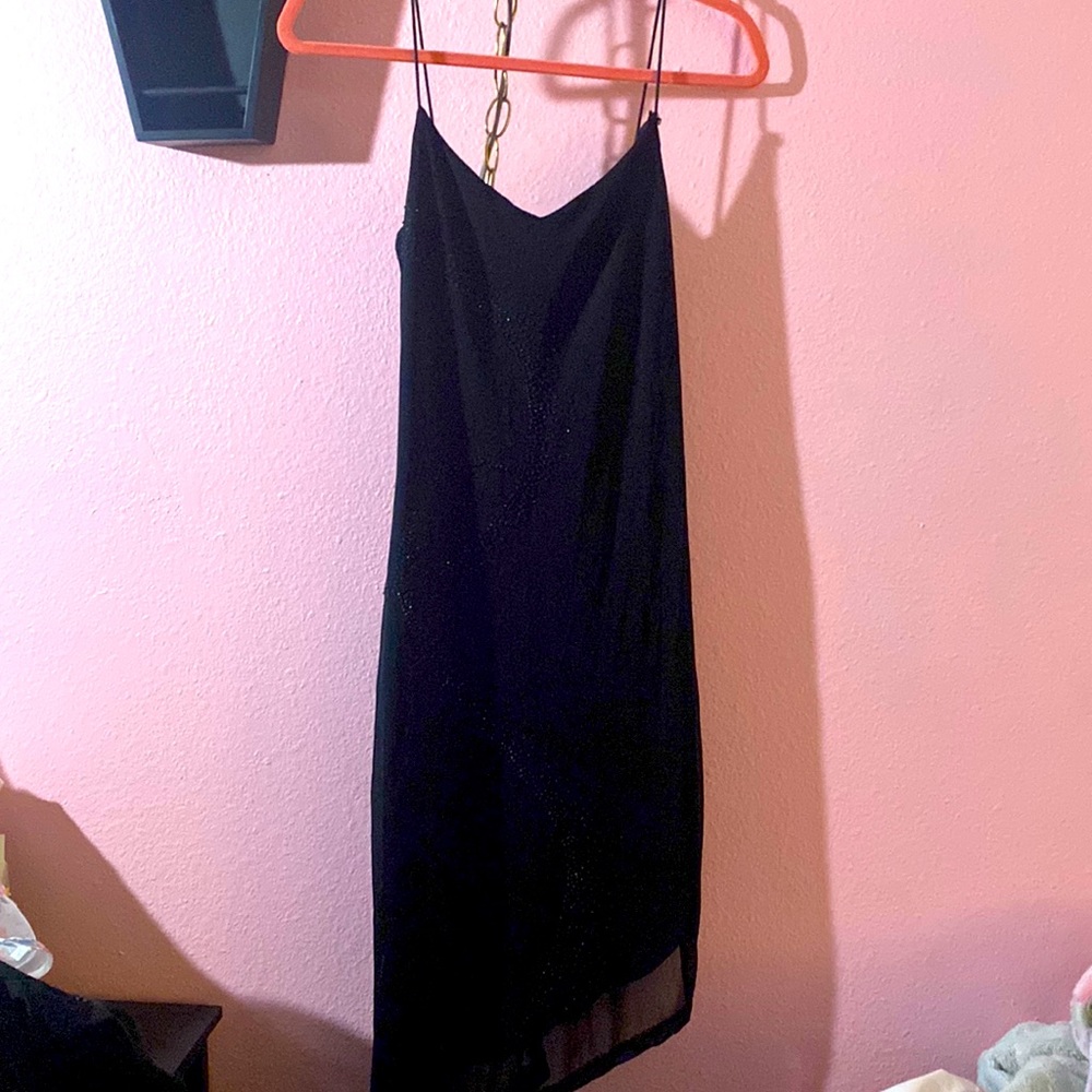 vintage spaghetti strap body dress, black with a gem design